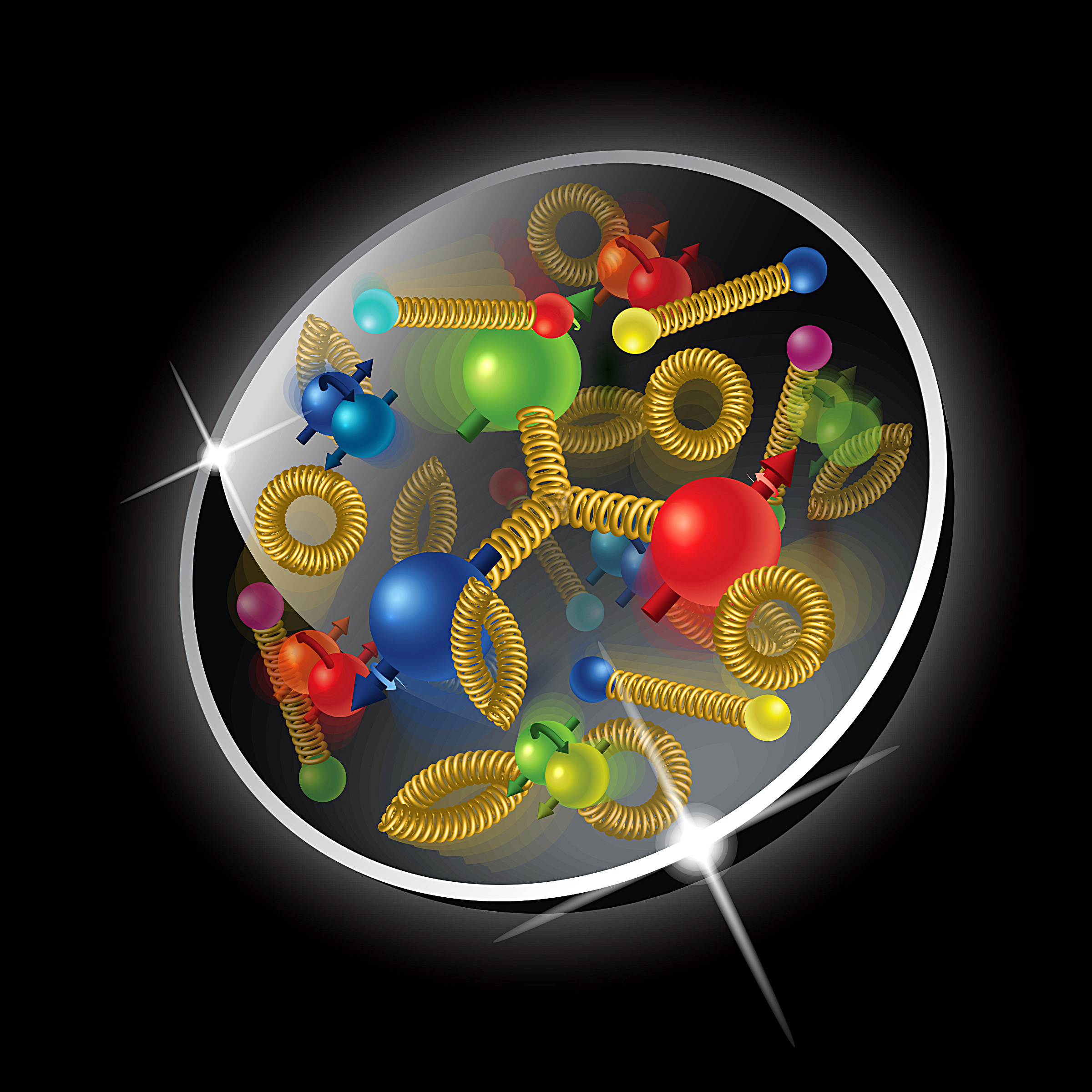 Směs partonů na obrázku znázorňují kvarky jako kuličky a gluony jako pružinky (zdroj: BNL)